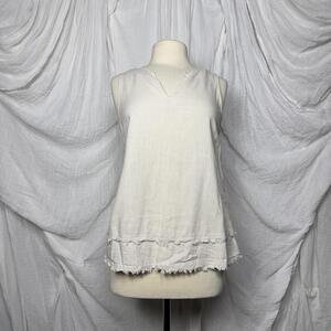 Minimalist Indie Boho Cotton Bleu Cream Sleeveless Linen Blend Top Size S